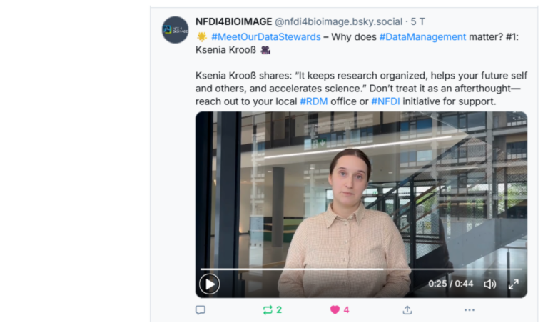 Screenshot of a bluesky post from NFDI4BIOIMAGE showing a picture of Ksenia Kroos