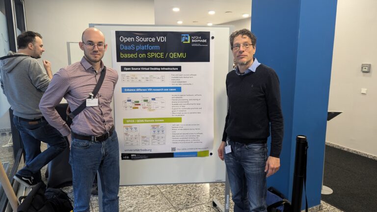 Two people in front of a poster wall