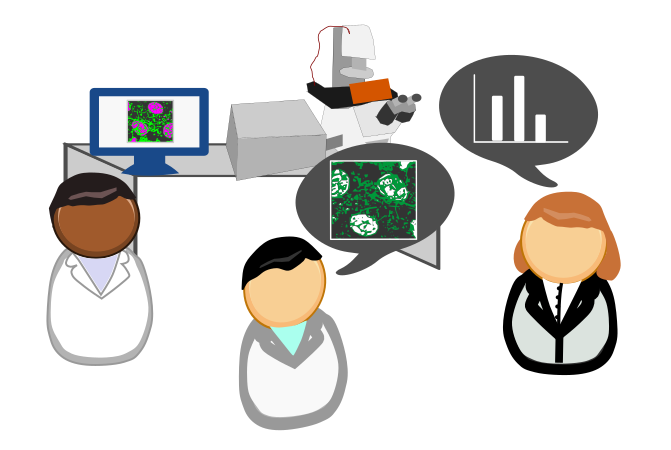 Icons of people discussing RDM in bioimaging symbolise use cases