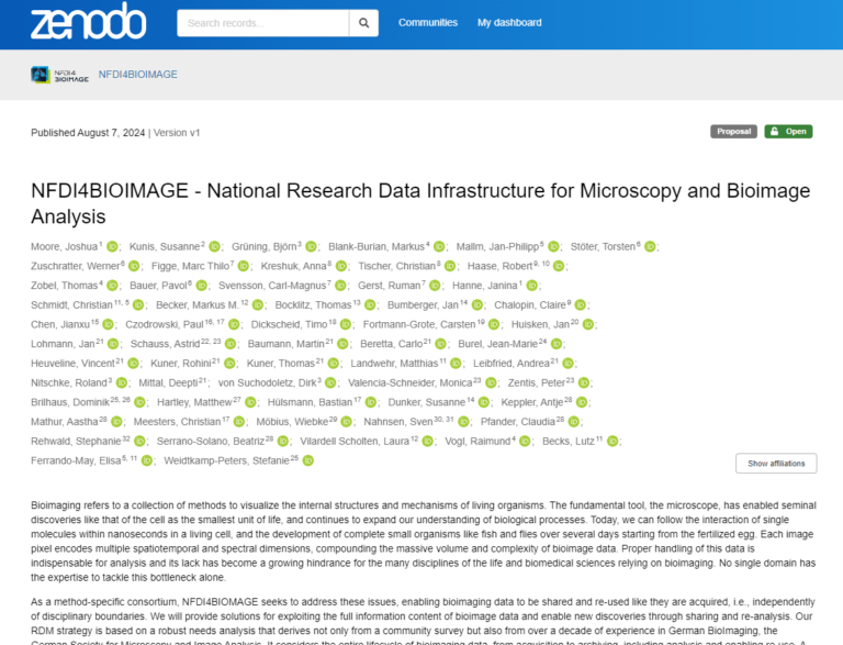 Zenodo Screenshot of NFDI4BIOIMAGE's 2021 grant proposal