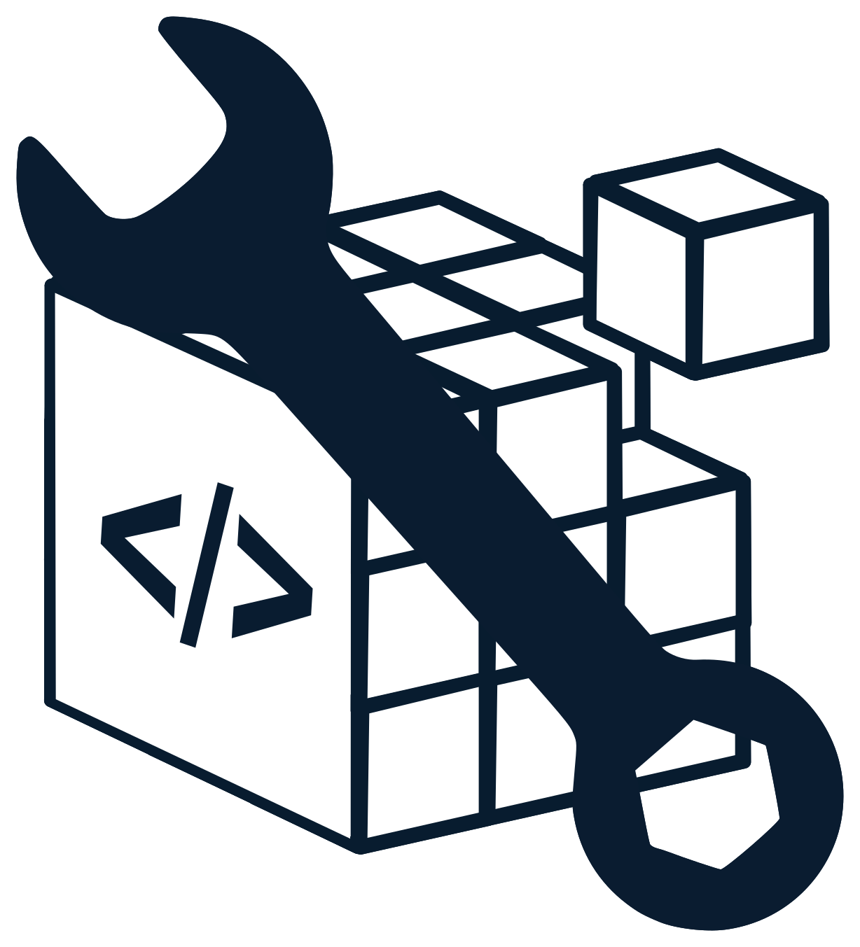 Wrench resting on stacked cubes with coding symbol.