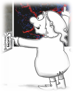 Cartoon depicting a scientist pointing towards a large image in a window labeled "Bioimage Archive".