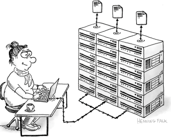 Cartoon depicting a scientist connected to a massive stack of server racks via numerous cables.